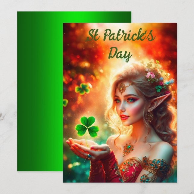 Elegant elf girl St Patrick's Day floral sunshine Holiday Card (Front/Back)