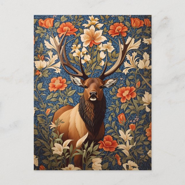 Elegant Elk William Morris Inspired Floral Postcard (Front)