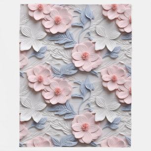 Elegant Embossed 3D Floral Relief Pastel Pink Blue Fleece Blanket