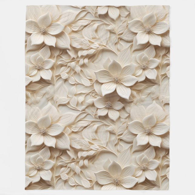 Elegant Embossed 3D Style White Floral Relief Fleece Blanket (Front)