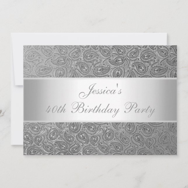 Elegant Embossed Silver Paisley White Party Invitation (Front)