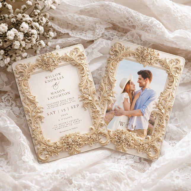 Elegant Embossed Style Frame Baroque Wedding Invitation (Elegant Baroque Gold Photo Frame Wedding Invitation)