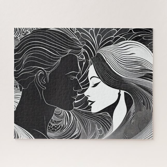 Elegant Embrace: Black & White Love Story Jigsaw Puzzle (Horizontal)