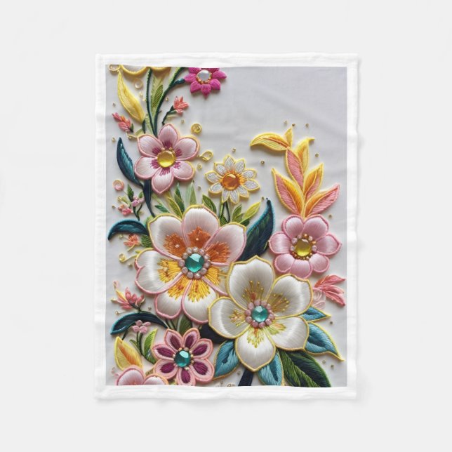 Elegant Embroidered Floral Style Fleece Blanket (Front)