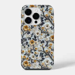 Elegant Embroidered Gold Floral Pattern iPhone 14 Pro Case