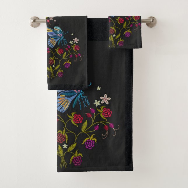 Elegant Embroidery Style Pattern Flowers Butterfly Bath Towel Set (Insitu)