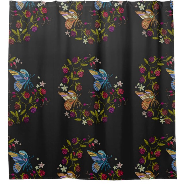 Elegant Embroidery Style Pattern Flowers Butterfly Shower Curtain (Front)