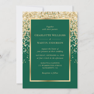 Elegant Emerald and Gold Confetti Wedding Invitation