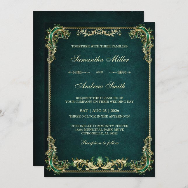 Elegant Emerald and Gold Wedding Invitation (Front/Back)