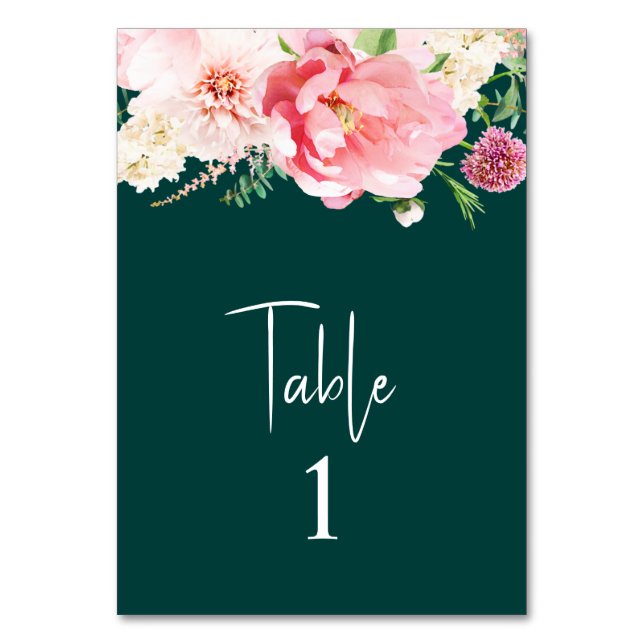 Elegant Emerald Blush Pink Floral Dark Moody Table Number (Front)