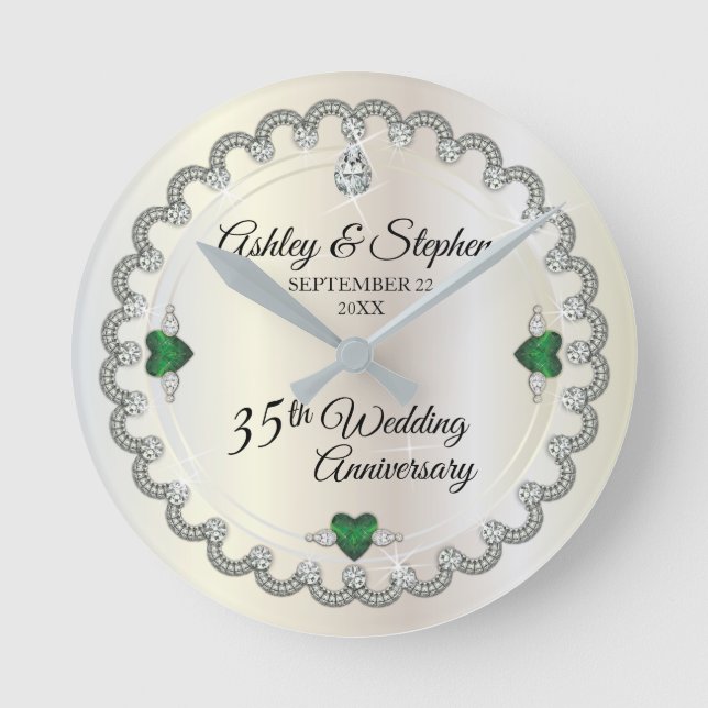 Elegant Emerald Diamonds 35th Wedding Anniversary Round Clock (Front)