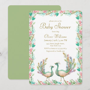 Elegant Emerald Floral Garden Peacock Baby Shower Invitation