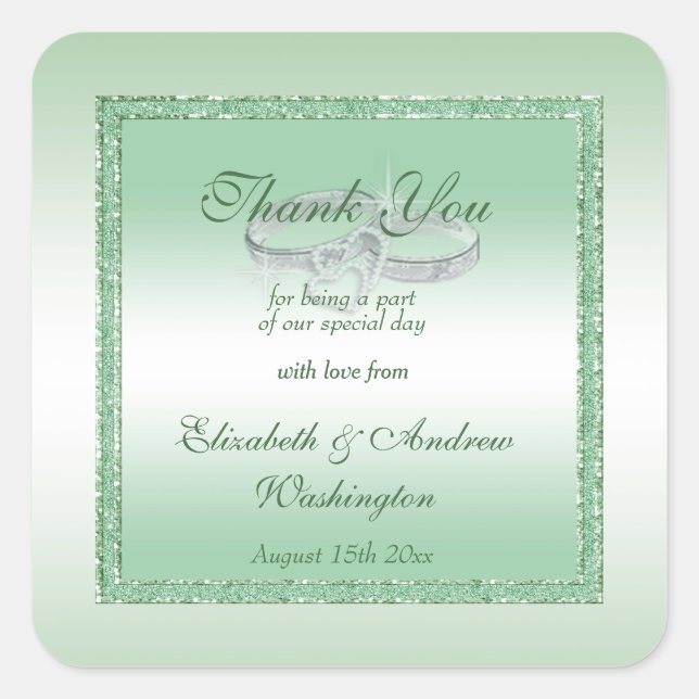 Elegant Emerald Glitter & Silver Wedding Rings Square Sticker (Front)