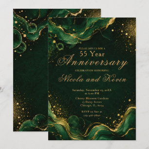 Elegant Emerald Gold Alcohol Ink 55th Anniversary Invitation