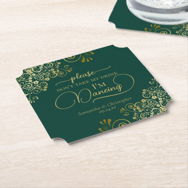 Elegant Emerald & Gold Don't Take My Drink Wedding Paper Coaster (Angled)