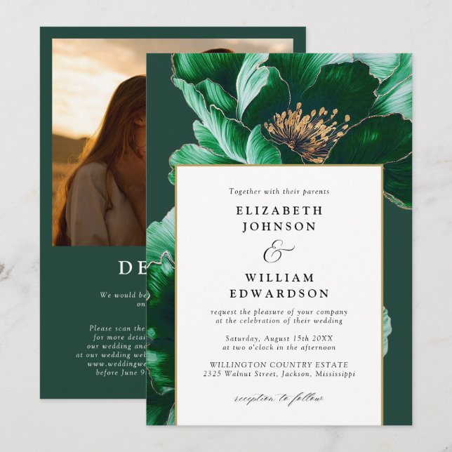Elegant Emerald Gold Floral Photo QR Code Wedding Invitation (Front/Back)