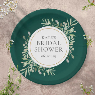 Elegant Emerald Gold Greenery Bridal Shower Paper Plate