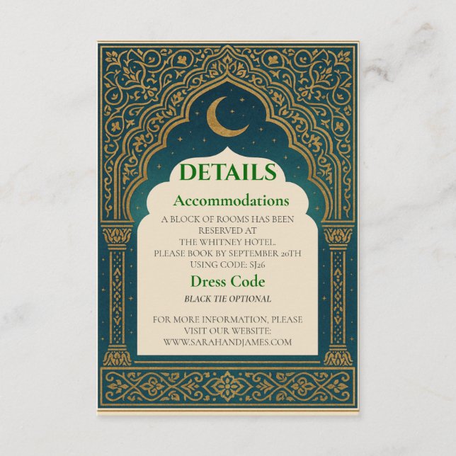 Elegant Emerald & Gold Ornate Arch Wedding Details Enclosure Card (Front)