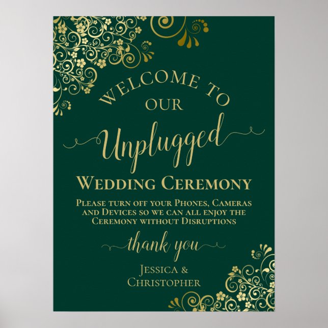 Elegant Emerald & Gold Unplugged Wedding Ceremony Poster (Front)