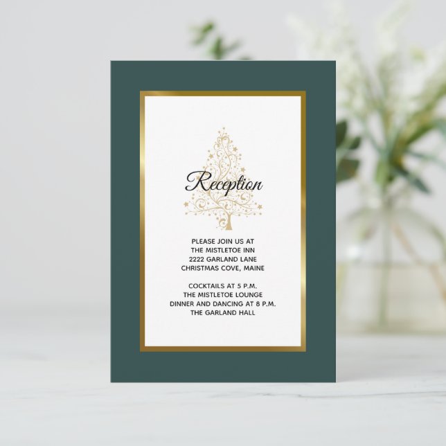 Elegant Emerald Gold Winter Wedding Reception Enclosure Card (Standing Front)