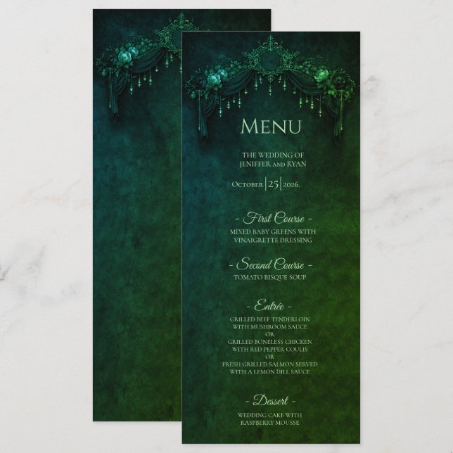 Elegant emerald Gothic Halloween Wedding Menu (Front/Back)
