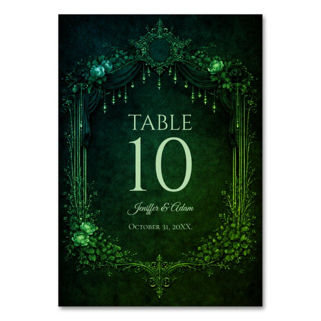 Elegant emerald Gothic Wedding Table number (Front)