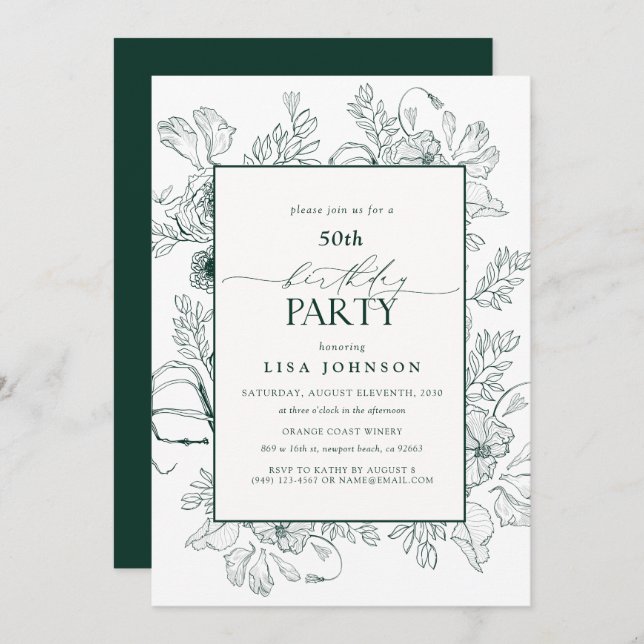 Elegant Emerald Green 50th Birthday Floral  Invitation (Front/Back)
