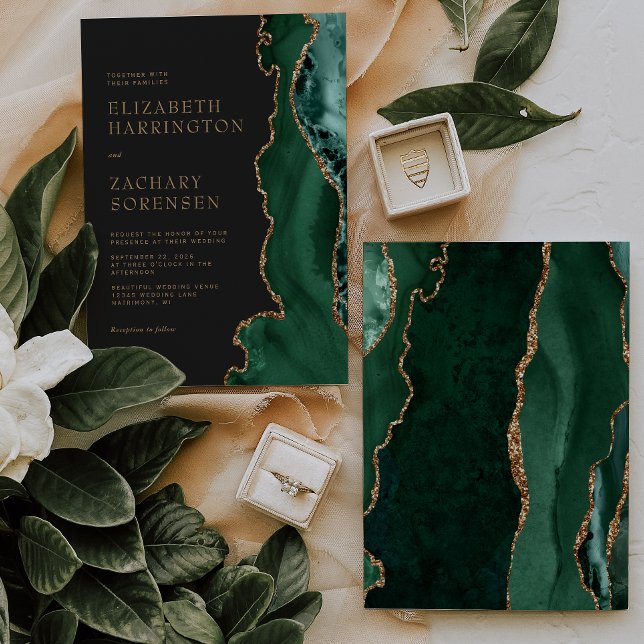 Elegant Emerald Green Agate Gold Wedding Invitation (Creator Uploaded)