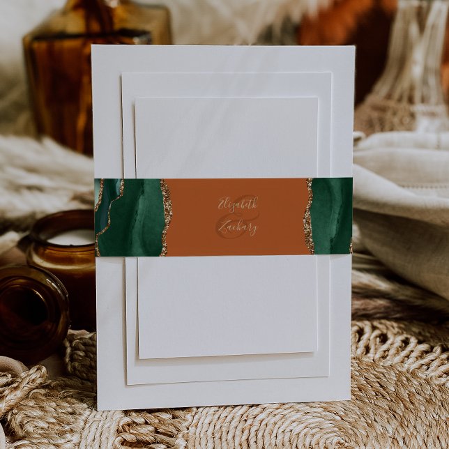 Elegant Emerald Green Agate Rust Wedding Invitation Belly Band (Creator Uploaded)