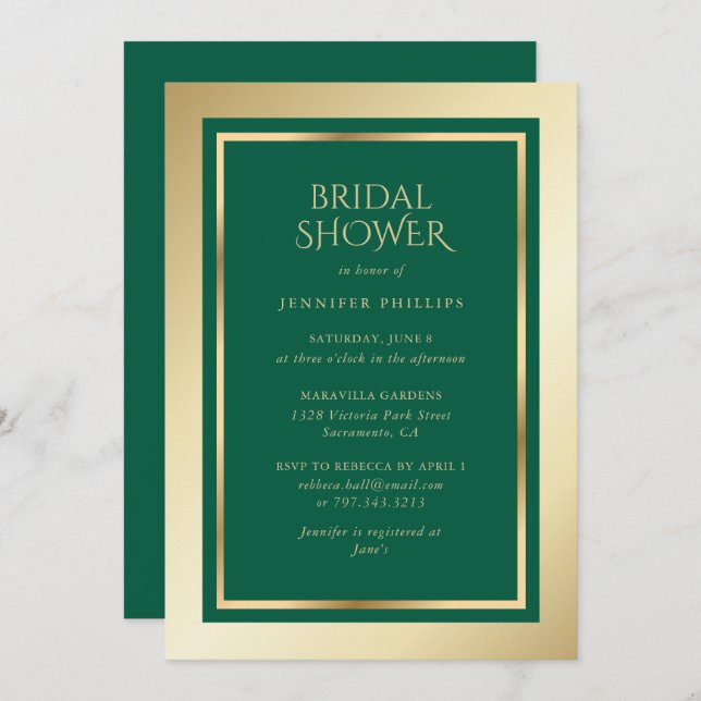 Elegant Emerald Green and Gold Bridal Shower Invitation (Front/Back)
