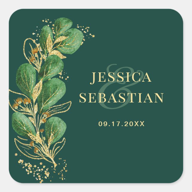 Elegant Emerald Green and Gold Eucalyptus Wedding Square Sticker (Front)