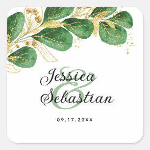 Elegant Emerald Green and Gold Eucalyptus Wedding Square Sticker
