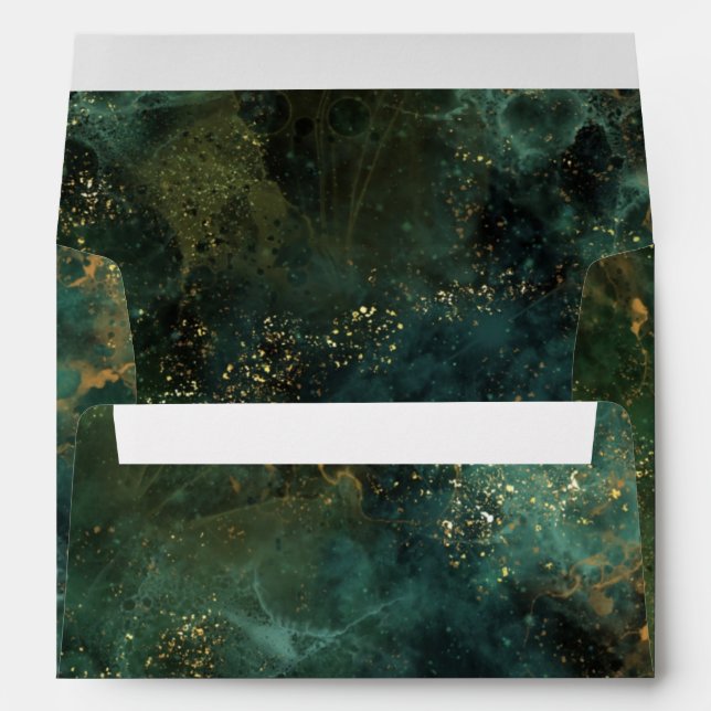 Elegant Emerald Green and Gold Flecks Wedding Envelope (Back (Bottom))