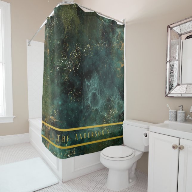 Elegant Emerald Green And Gold Glitter Custom Shower Curtain (In Situ)