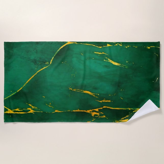 Elegant Emerald Green and Gold Marble Beach Towel (Front)