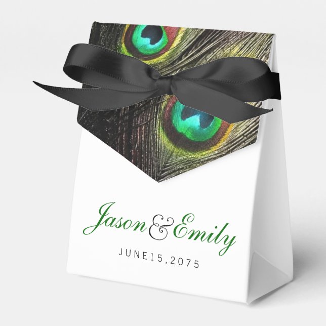 Elegant Emerald Green and Gold Peacock Wedding Favour Box (Front Side)