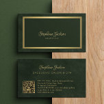 Elegant emerald green and gold QR code luxury Business Card<br><div class="desc">Classy vintage style calligraphy business card with a faux gold metallic frame over an elegant dark green background. Easy to personalise with your details and automatically generated scanning QR code.              Suitable for exclusive beauty salons,  luxurious boutiques,  interior designers,  makeup artists,  and hair stylists.</div>