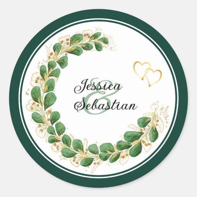 Elegant Emerald Green and Gold Wedding Classic Round Sticker (Front)