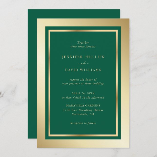 Elegant Emerald Green and Gold Wedding Invitation (Front/Back)