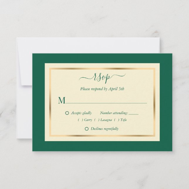Elegant Emerald Green and Gold Wedding RSVP Cards (Front)