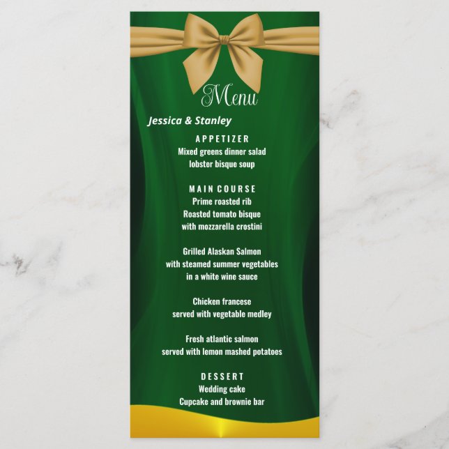  Elegant emerald Green and goldWedding Dinner Menu (Front)