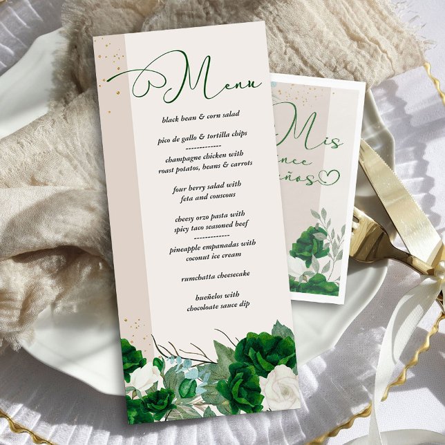 Elegant Emerald Green and Ivory Roses Floral Menu (Quinceanera Menu from the Royal Rose Emerald Green Quinceanera Collection by Darling & May)