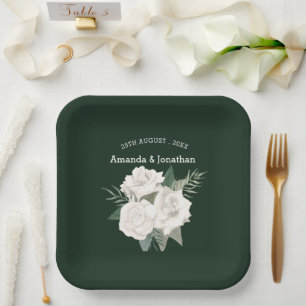 Elegant Emerald Green and White Roses Wedding  Paper Plate