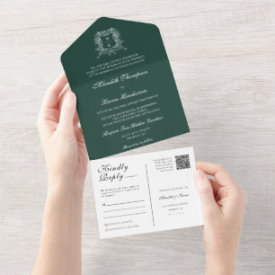 Elegant Emerald Green Black Vintage Crest QR Code All In One Invitation