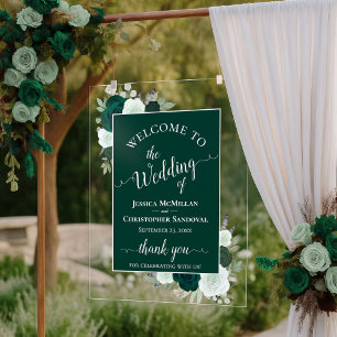 Elegant Emerald Green Boho Roses Wedding Welcome Acrylic Sign