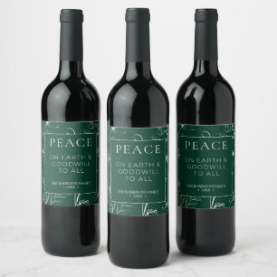 Elegant Emerald Green Botanical Peace Holiday Wine Label