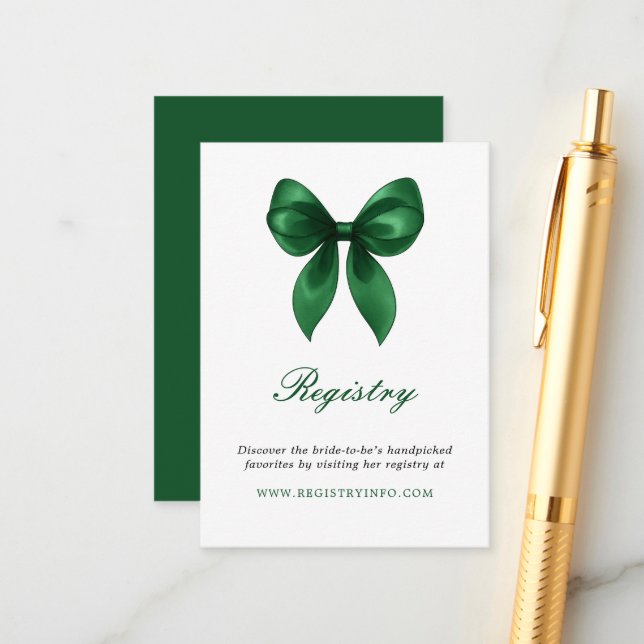 Elegant Emerald Green Bow Bridal Shower Registry Enclosure Card (Front/Back In Situ)