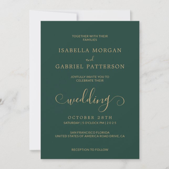 Elegant Emerald Green Calligraphy Script Wedding Invitation (Front)