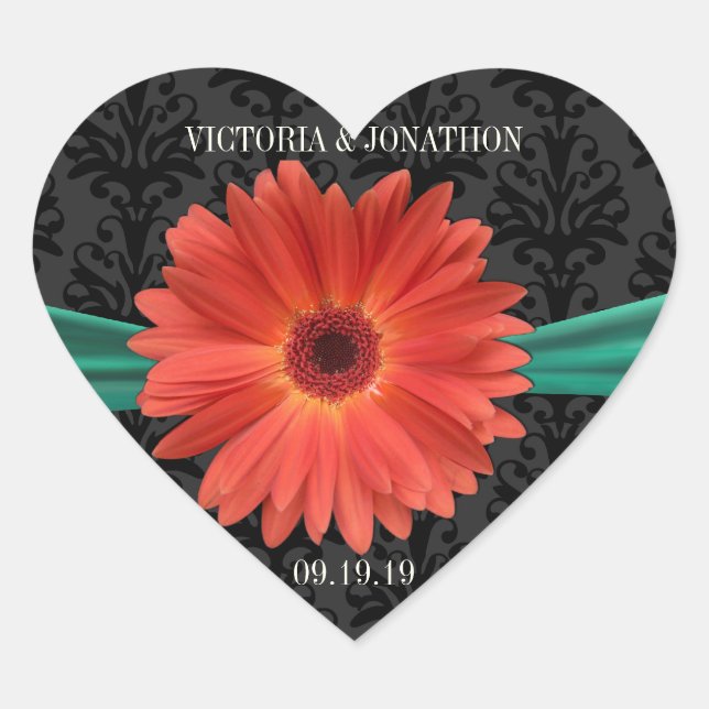 Elegant Emerald Green Coral Gerber Daisy Wedding Heart Sticker (Front)