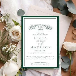 Elegant Emerald Green  Crest Monogram Wedding   Invitation